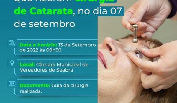 Imagens da Atenção, revisão dos pacientes que fizeram cirurgias de Catarata, no dia 07 de setembro será realizada dia 13 de Setembro (terça-feira).