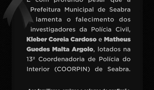 Imagens da Falecimento dos investigadores da Polícia Civil, Kleber Coreia Cardoso e Matheus Guedes Malta Argolo, lotados na 13ª Coordenadoria de Polícia do Interior (COORPIN) de Seabra.