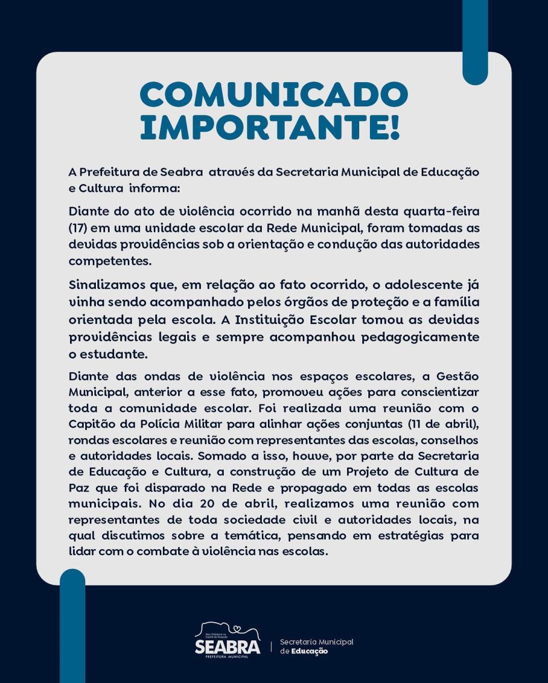 A Prefeitura de Seabra, através da Secretaria Municipal de Educação e Cultura, informa: