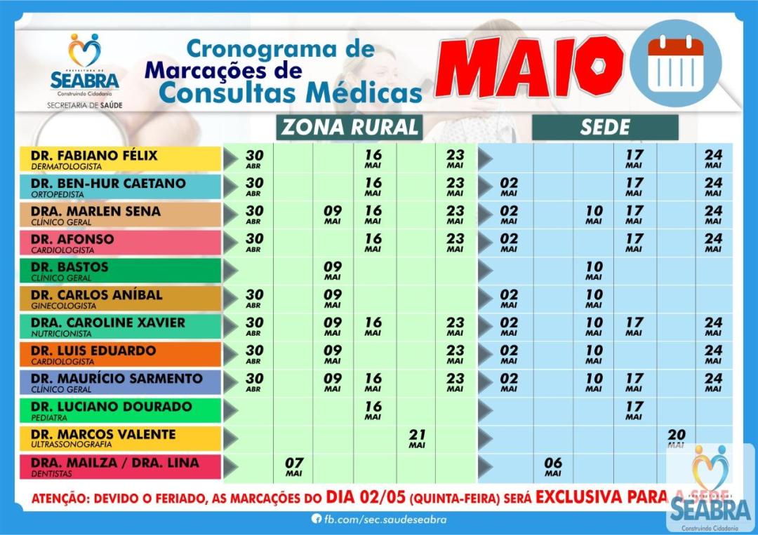 A Secretaria Municipal de Saúde divulga o cronograma de marcações de consultas médicas do mês de Maio. 