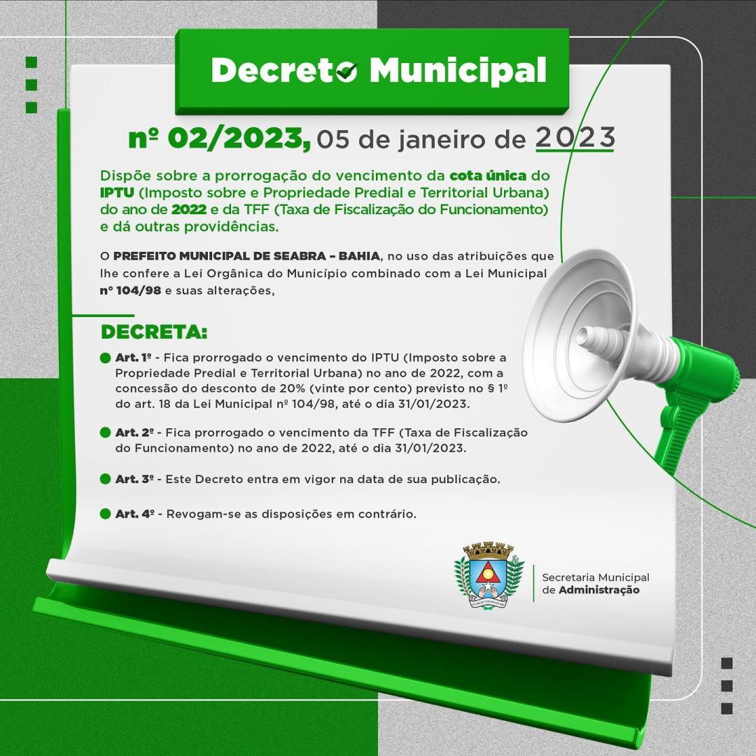 DECRETO MUNICIPAL No 02/2023, DE 05 DE JANEIRO DE 2023.