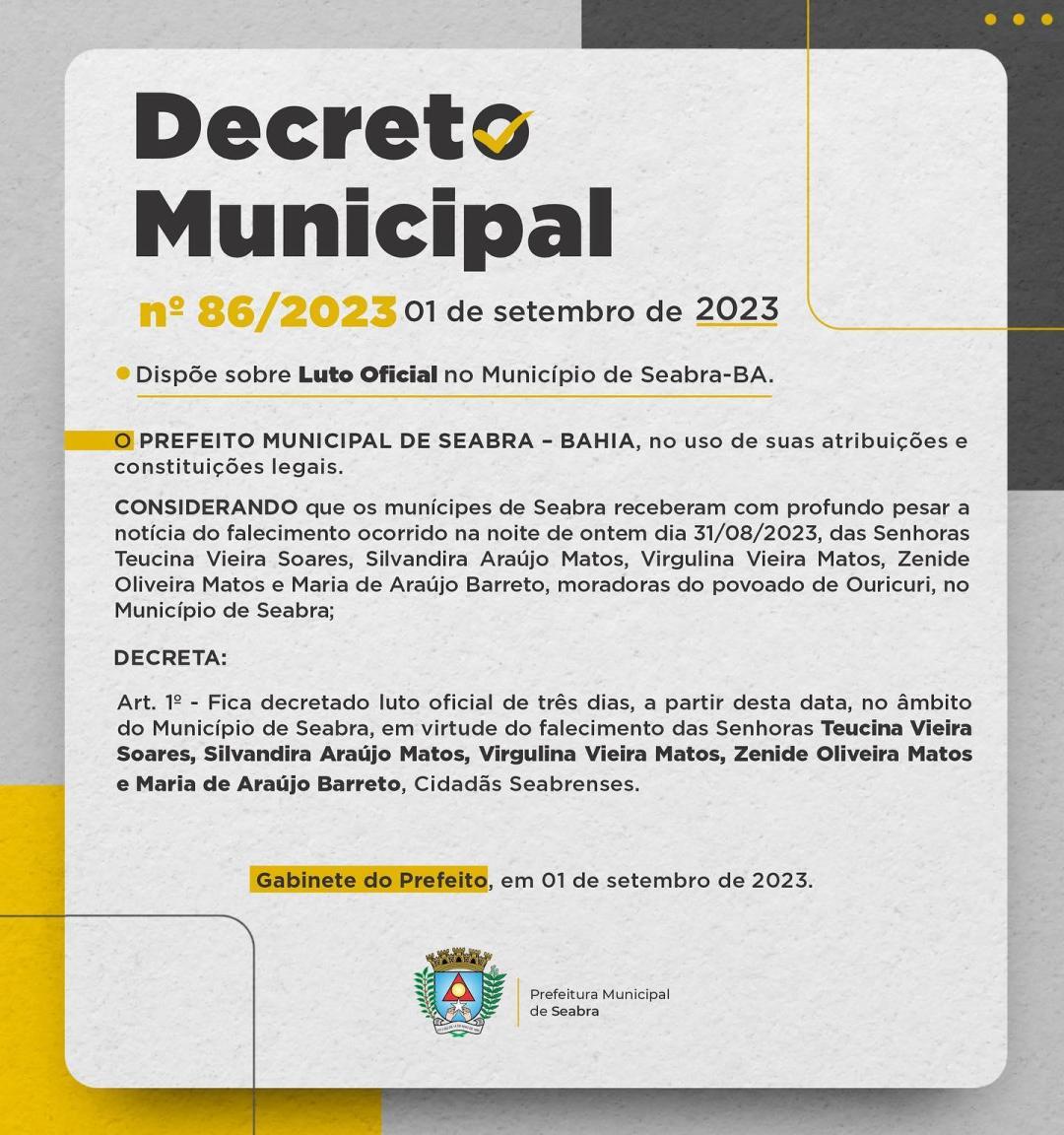 DECRETO MUNICIPAL No 86/2023, DE 01 DE SETEMBRO DE 2023.