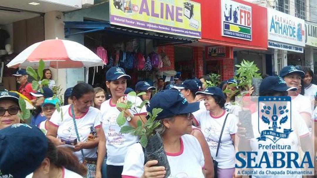 Seabra: Secretaria de Turismo e Meio Ambiente faz distribuição de mudas de árvores durante caminhada comemorativa do dia internacional da mulher.
