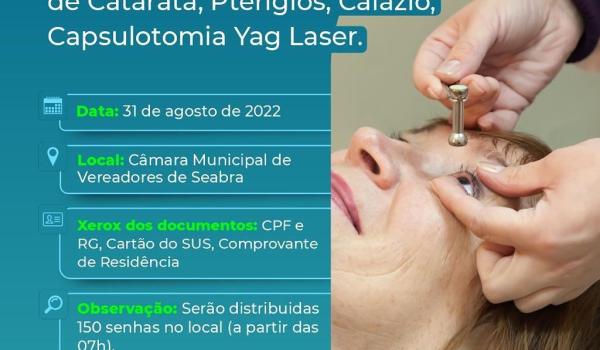 Triagem gratuita para cirurgia de Catarata, Pterígios, Calázio, Capsulotomia Yag Laser.